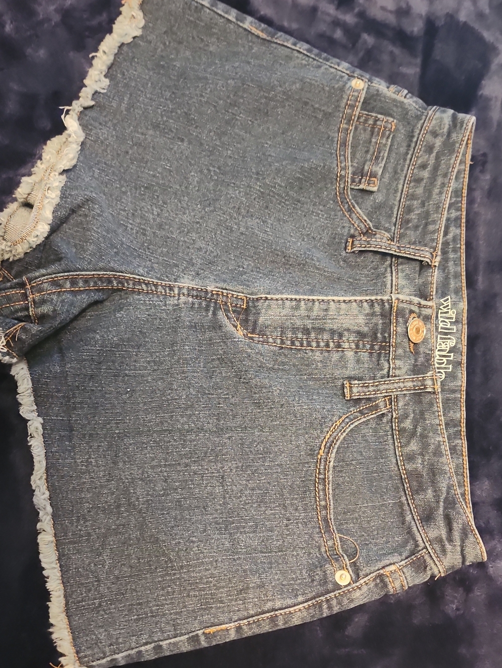 Wildflower Denim Fringe Hem Shorts - Dark Blue